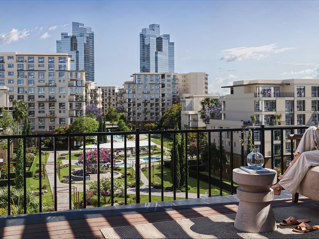 Private terrace overlooking the neighborhood at golden hour